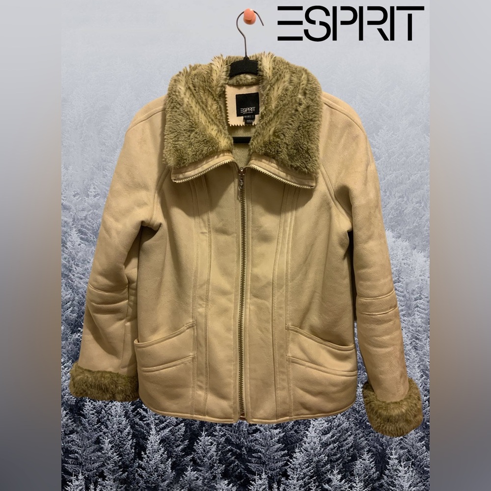 ESPRIT Women’s Tan Faux Suede Coat With Faux Fur Trim Size L